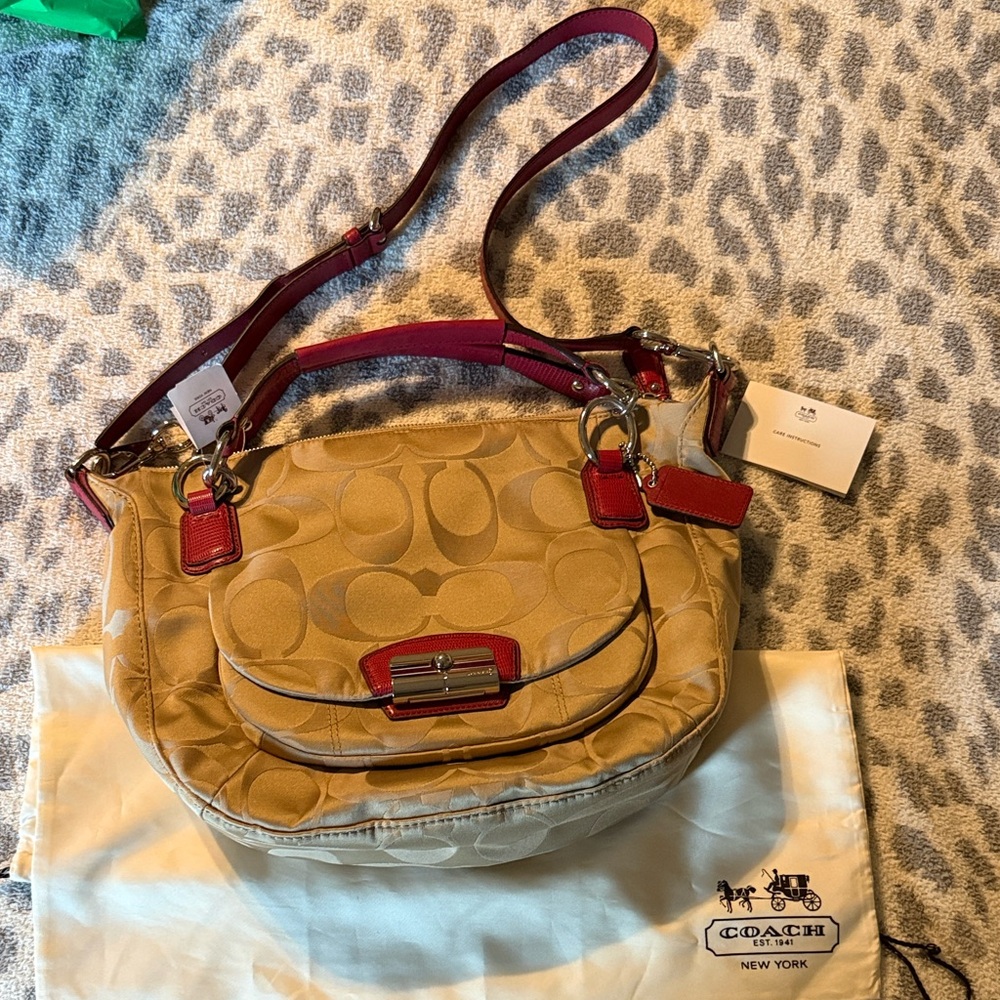 Coach Kristin Canvas Shoulder Bag in Tan with Red Accent Crossbody NWT
